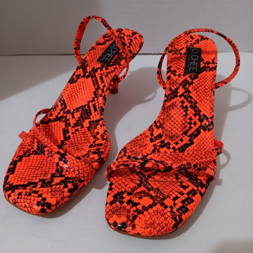 Olchee Square Toe Snake Embossed‎ Strappy Heel Sandals in Neon Orange siz…